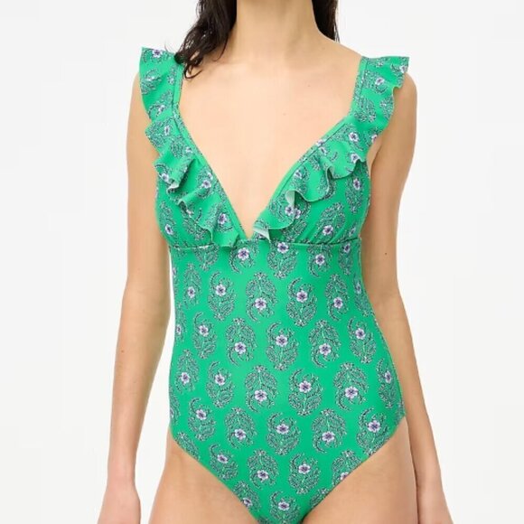 J. Crew Floral Ruffle-Shoulder  One-Piece Swimsuit Bathing Suit small medium - Picture 1 of 11